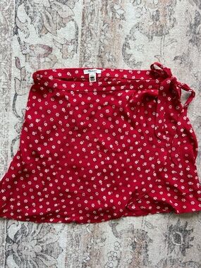 Madewell Red Wrap Skirt with White Floral Print